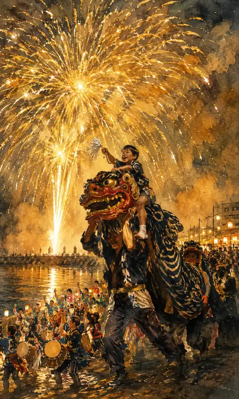 Dynamic Lion Head and Boy's Paper Charm Under Golden Fireworks