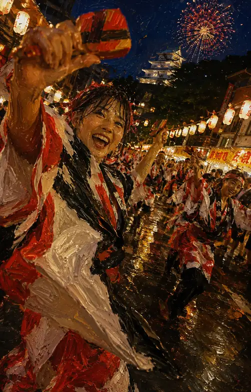 Dynamic Naruko Clapper and Yosakoi Smiles Before Castle Fireworks