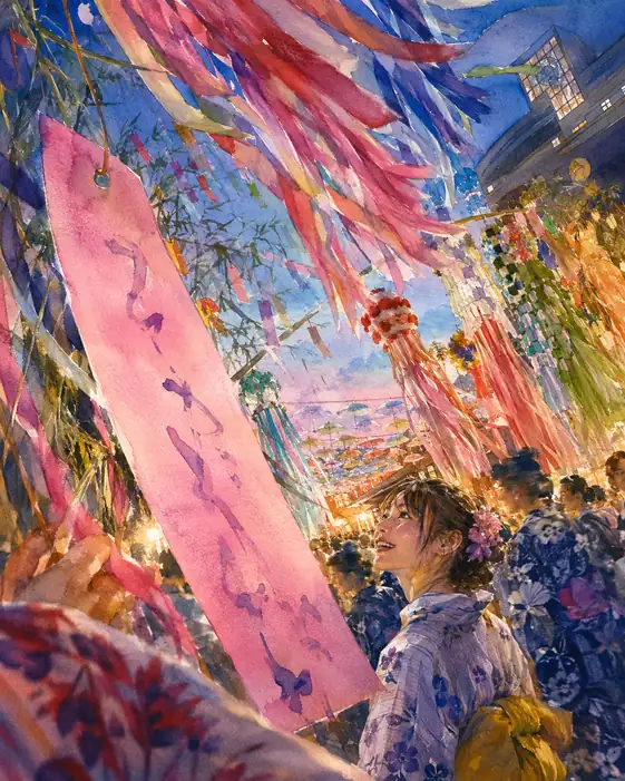 Maiden Looking Up at Tanabata Streamers and Wish Strips