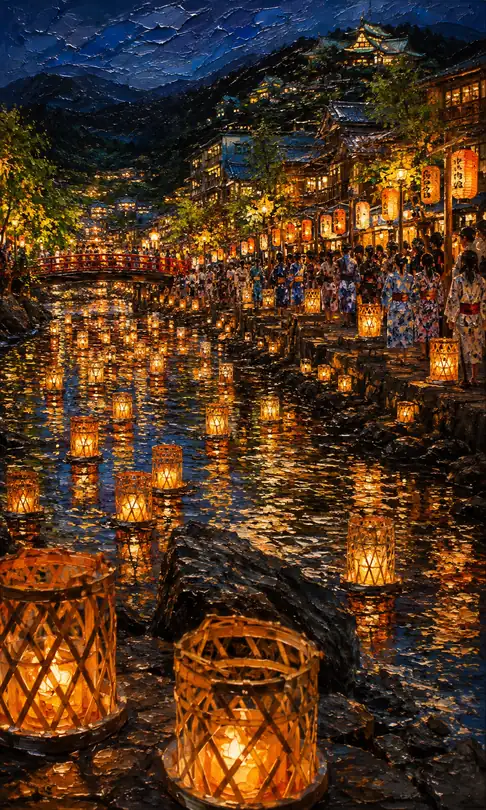 Bamboo Basket Lanterns Floating on the Hot Spring River