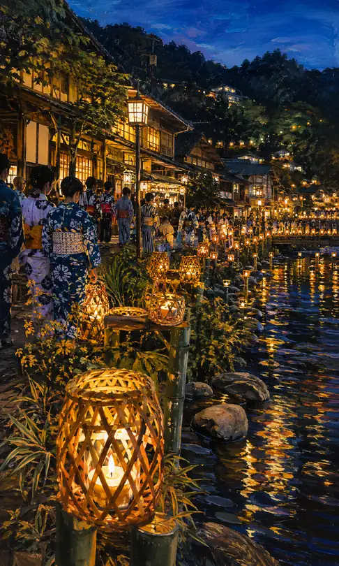 Bamboo Candle Lights and Strolling Yukata Ladies by the Hot Spring Stream