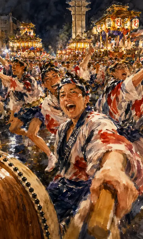 Passionate Men Beating Taiko Before Golden Floats