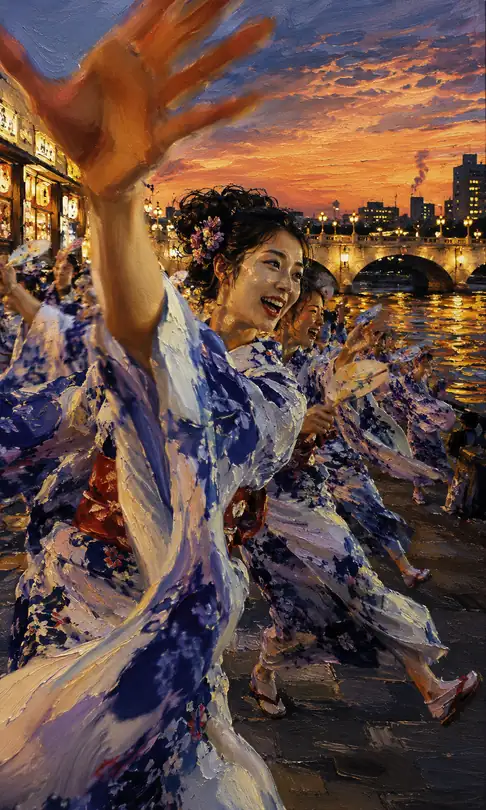 Indigo Yukata Dancer Swaying by the Twilight River