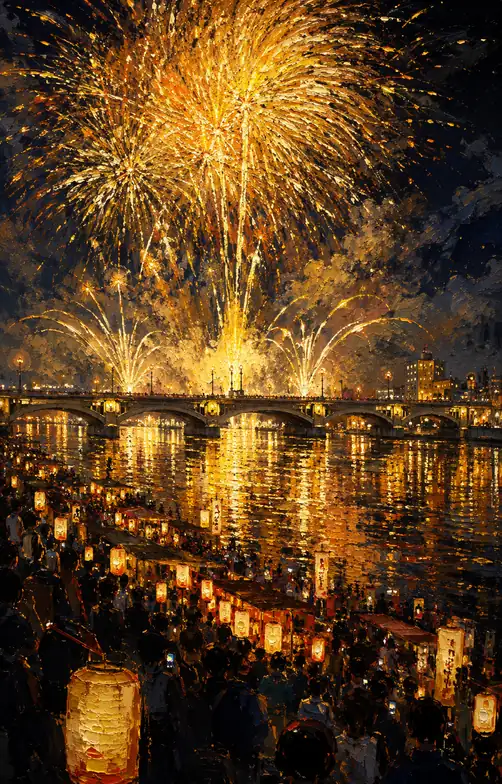 Golden Chrysanthemum Fireworks Embracing the Bridge and Stalls