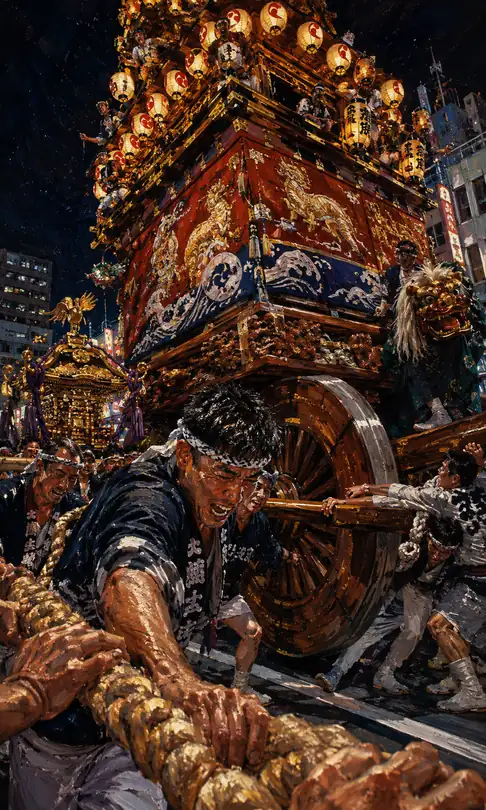 Men's Roar and Heavy Ropes Pulling a Giant Festival Float