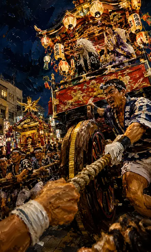 Passionate Cries of Men Pulling the Vermilion and Gold Float