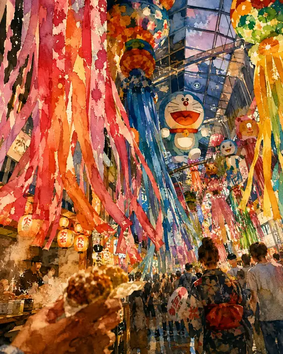 Streamers and Doraemon Paper-Mache Swaying in the Tanabata Arcade