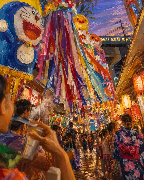 Elevated Train and Doraemon Paper-Mache at Asagaya Tanabata Festival