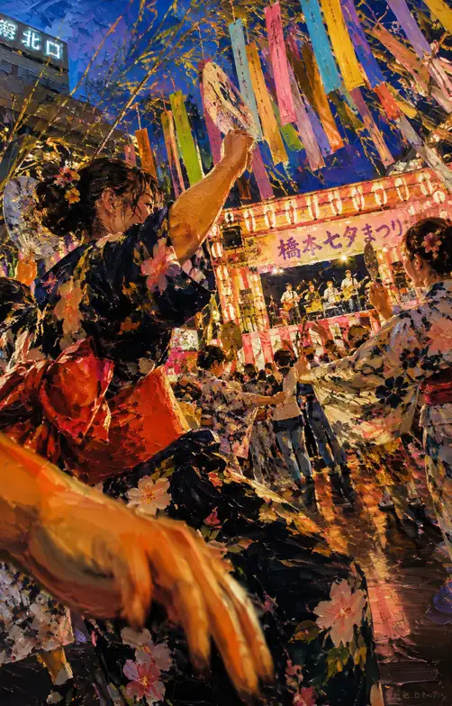 橋本七夕まつりのステージと舞い踊る桜浴衣