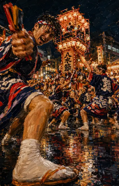 Tower and Dancing Men at Kiryu Yagibushi Festival