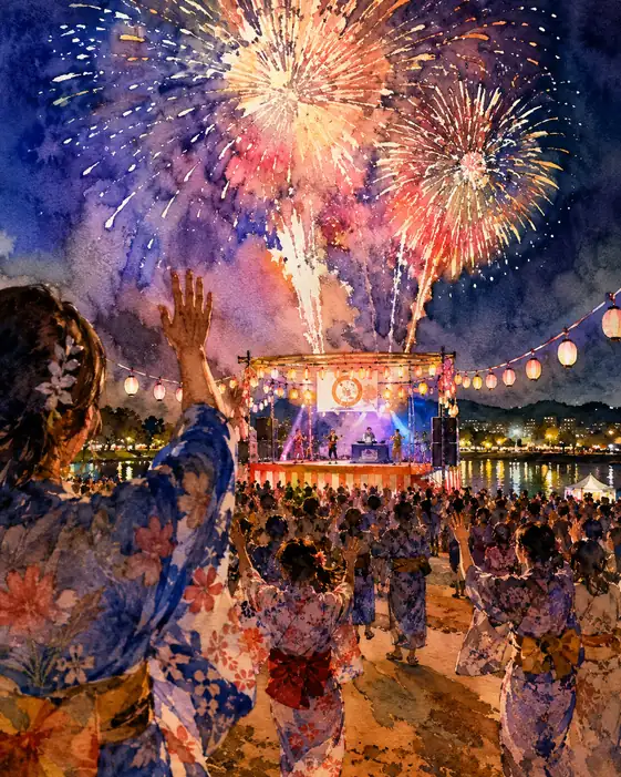 Yukata Crowd Raising Hands Before Fireworks and Open-Air Stage
