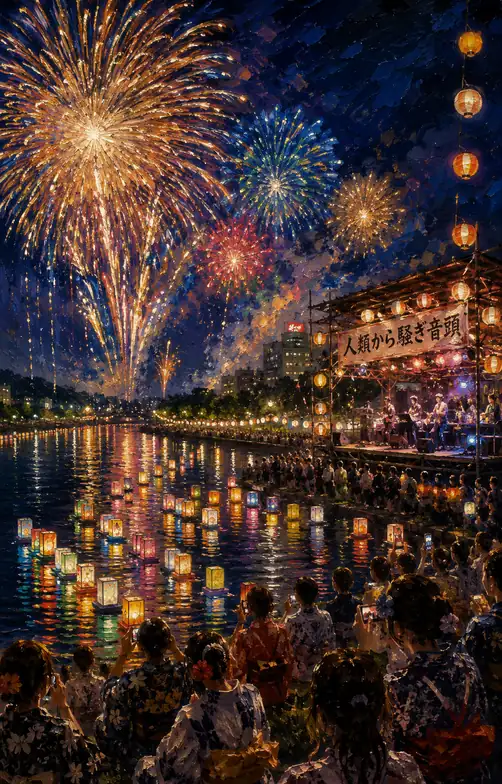 Open-Air Stage, Floating Lanterns, and Grand Fireworks Over the River