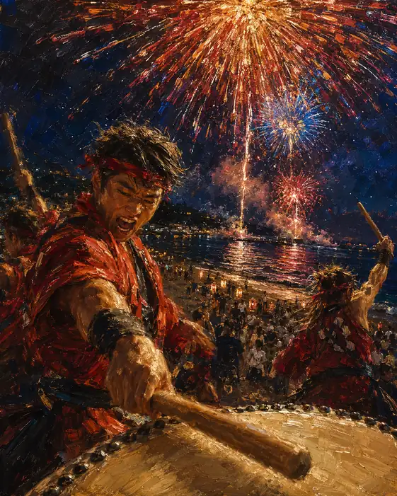 Red-Robed Taiko Drums and Grand Fireworks Blazing Over the Beach
