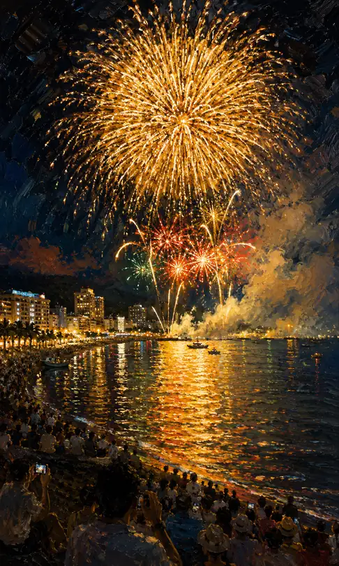 Grand Golden Chrysanthemum Fireworks Dyeing the Bay and Shore Crowd