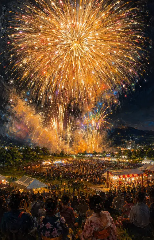 Grand Golden Fireworks Over the Basin and Spectators in Yukata