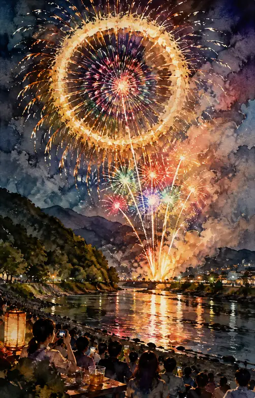 Double Golden Ring Fireworks and Spectators along the Clear River