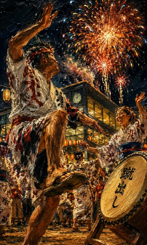 Dynamic Leap Dance by the Great Drum Under the Clock Tower Sky