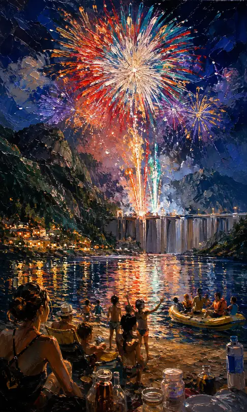 Colorful Grand Fireworks Over the Dam Lake and Lakeside Joy