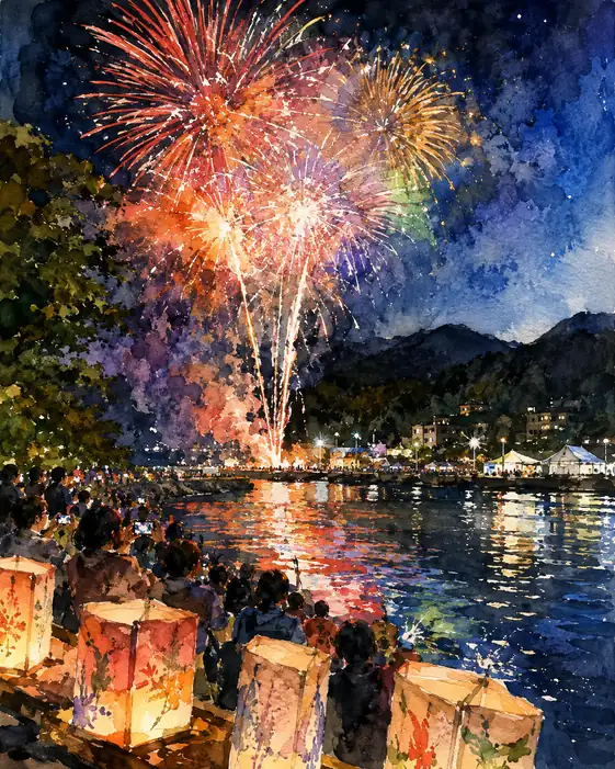湖畔の花灯籠と夜空に咲き誇る赤金の大輪花火