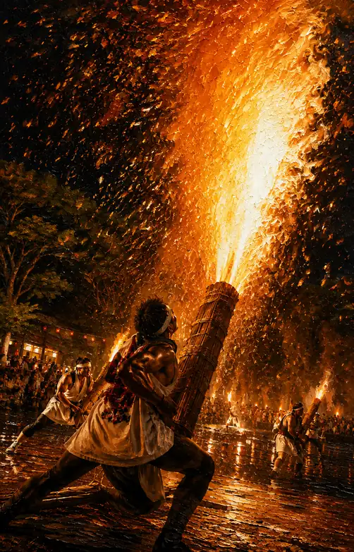 Golden Column of Fire and Men Holding Tezutsu Fireworks