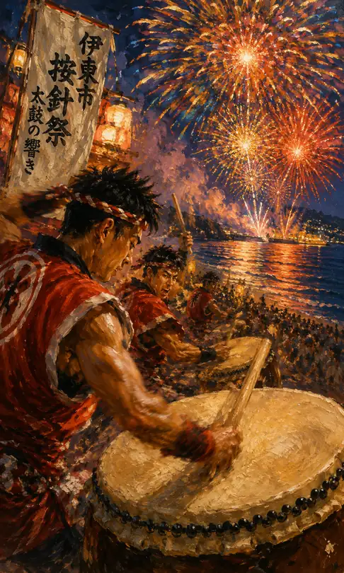 Sound of Drums and Grand Fireworks Over the Sea at Anjin Festival in Ito