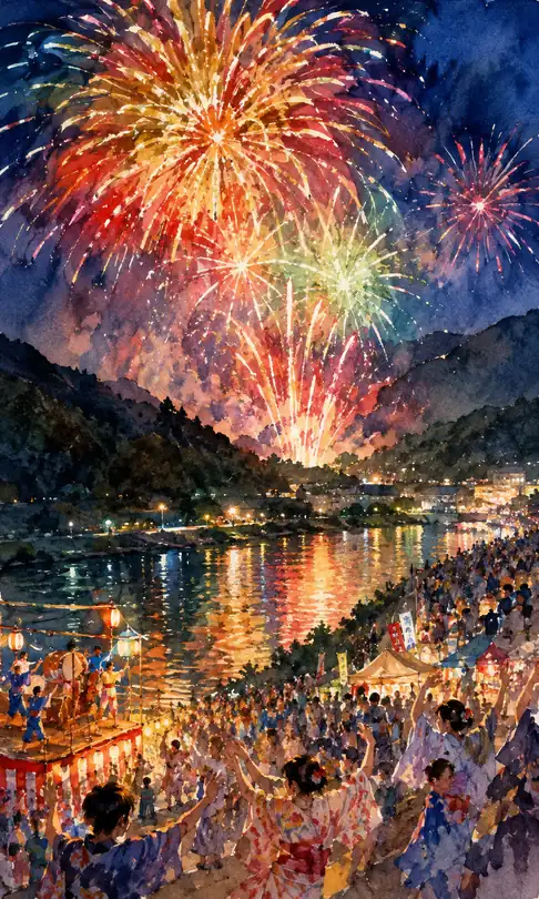 Festival Dance by the Tower and Colorful Fireworks Over the River Gorge