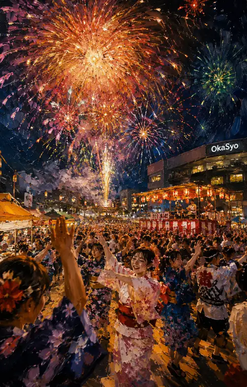 Pink Yukata Joy Dancing Under Tower Lanterns and Grand Fireworks