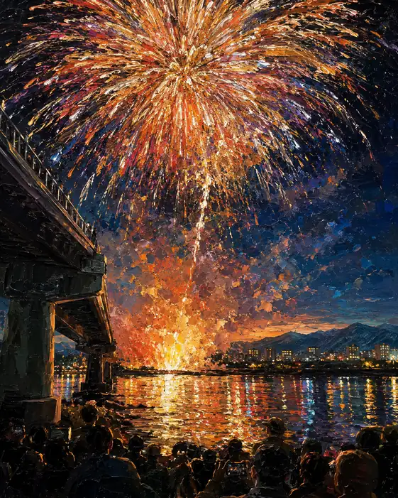 Golden Fireworks and River Reflection Viewed Beneath the Great Bridge
