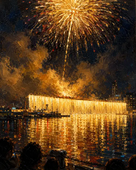Golden Niagara and Chrysanthemum Fireworks Illumining the Port Pier