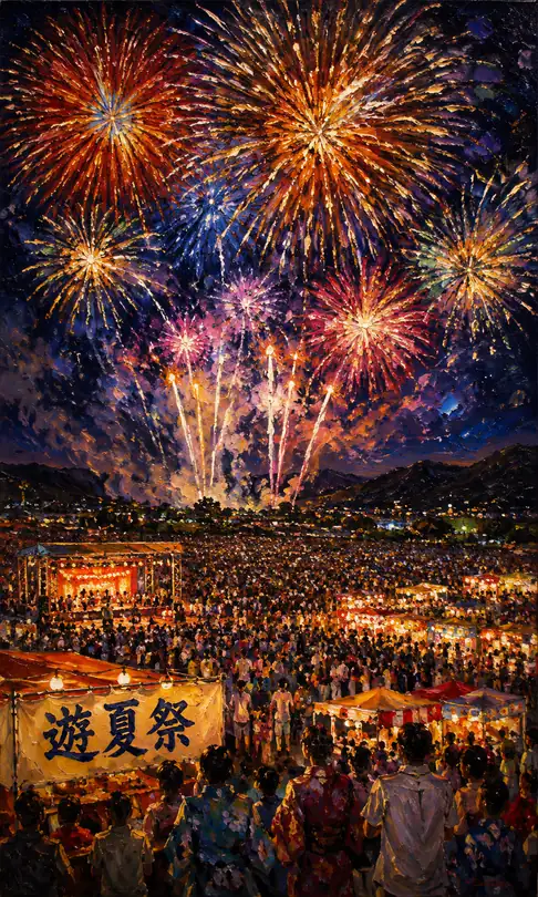 Yuka Festival Bustle and Multicolored Fireworks Over the Mountain Night
