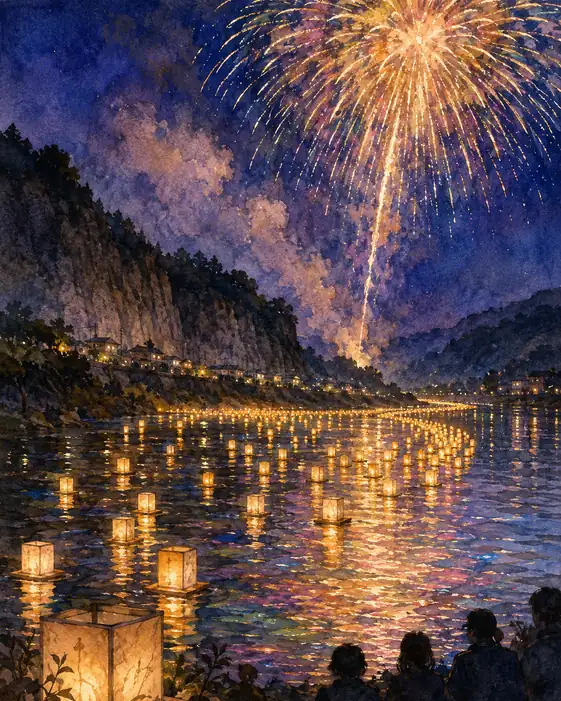 Stream of Lantern Light Floating down the Gorge and Golden Willow Fireworks