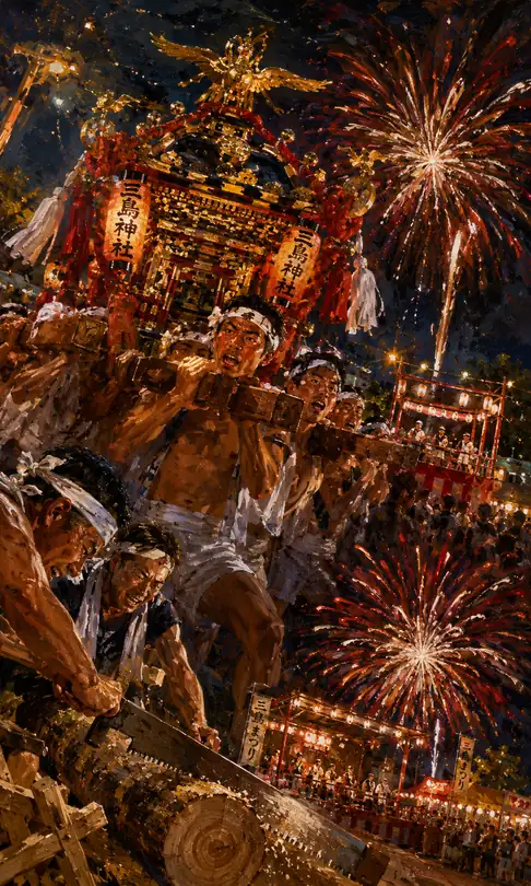 Tri-Island Shrine Phoenix Mikoshi and Men Sawing Logs in Festival Heat