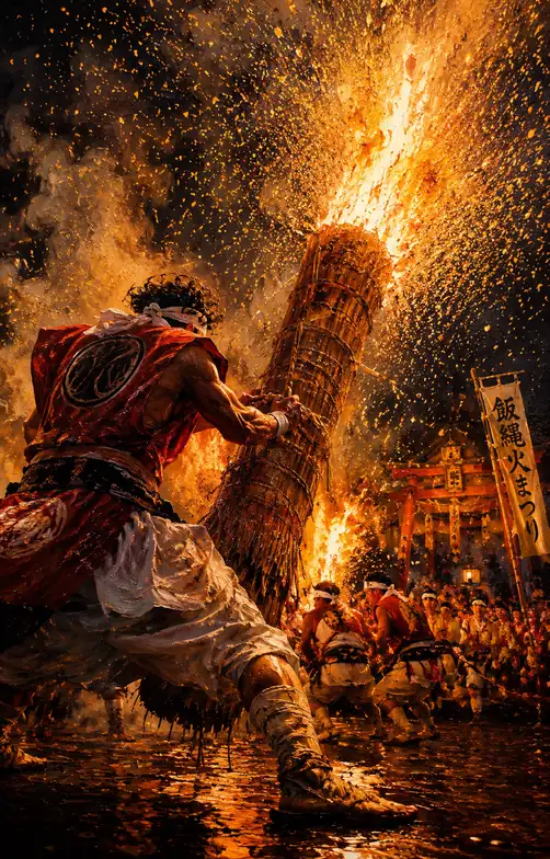 Burning Tezutsu Torch and Valiant Men at Iizuna Fire Festival Shrine