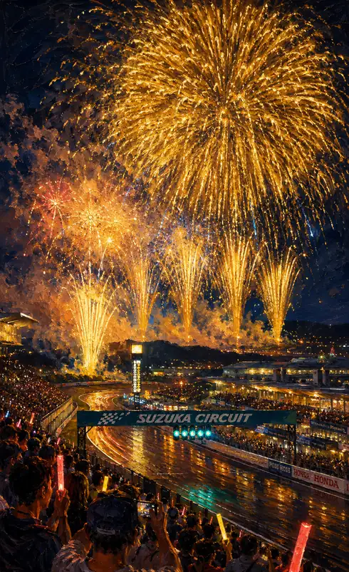 Kamuro Fireworks and Spectators' Glowsticks Over Suzuka Circuit