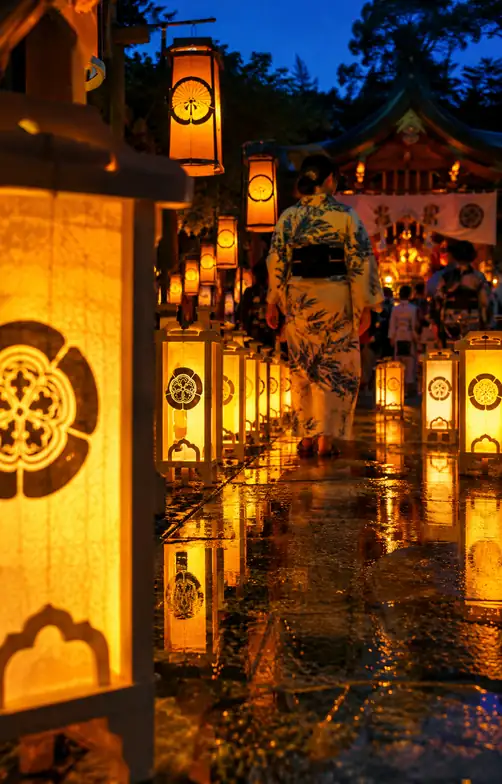 Lanterns and Serenity of a Yukata Figure on the Rain-Washed Shrine Path