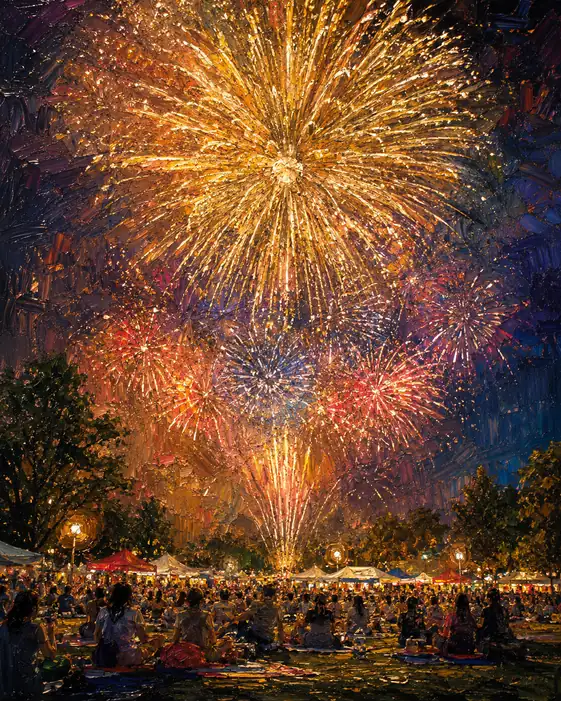 Spectators Gathered on the Park Lawn and Colorful Grand Fireworks Covering the Night Sky