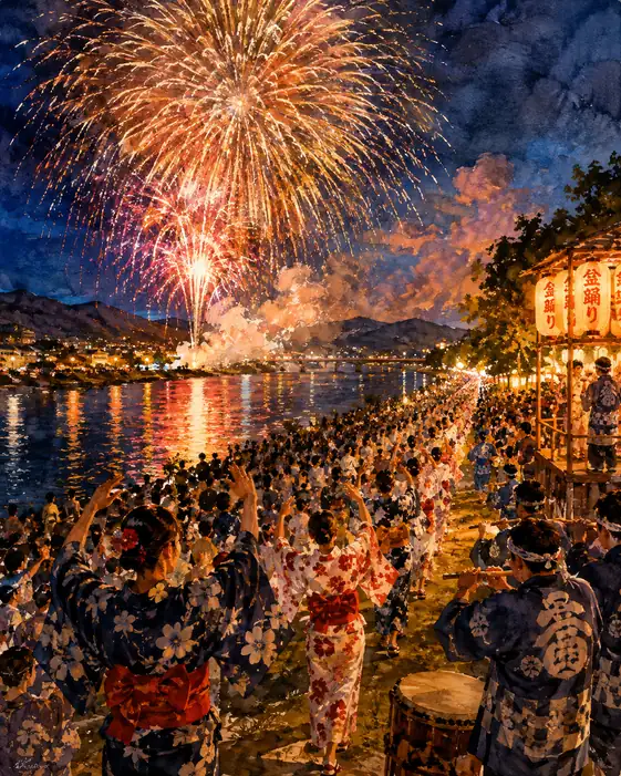 Flutes and Bon Dance along the River Under Grand Blooming Fireworks