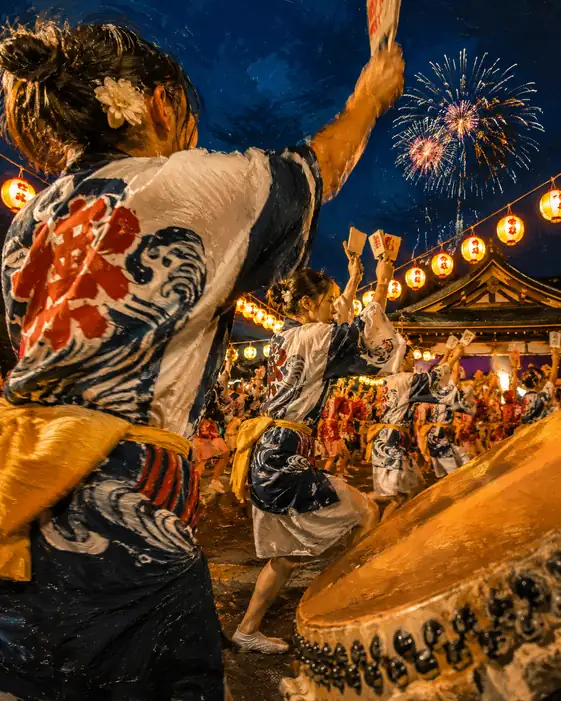 Wave-Pattern Happi Yosakoi Dance Resonating with Shrine Drums and Fireworks