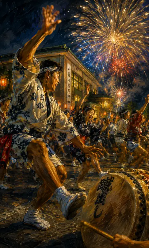 Dynamic Male Dance Leaping to Drums and Fireworks by Yamaga City Hall