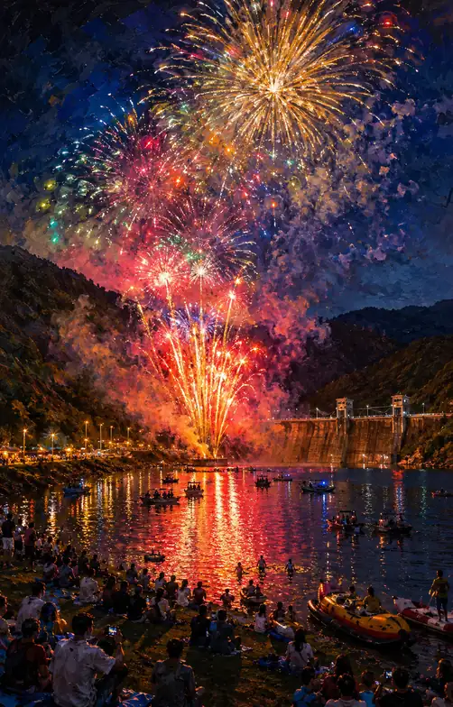 Vivid Fireworks and Boats Burning the Dam Lake's Night Sky and Water