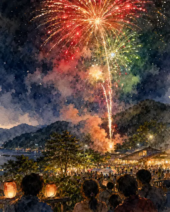 Blooming Fireworks and Spa Town Lanterns Viewed from the Hill Terrace