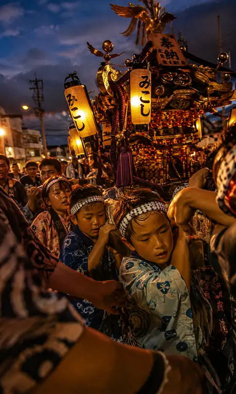 Children Earnestly Bearing the Weight of the Golden Shrine