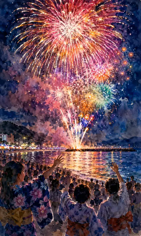 Joyful Hands Raised in Yukata on the Beach Under Pink-Gold Fireworks