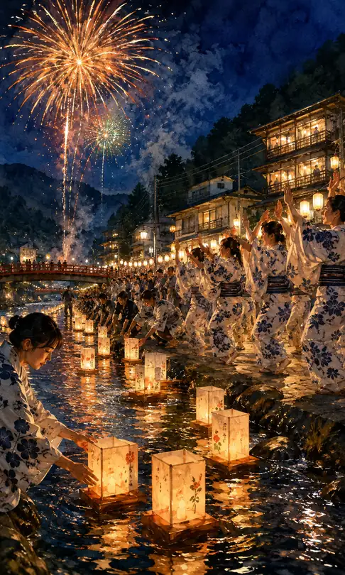 Floating Lanterns and Matching Yukata Bon Dance by the Spa Town Stream