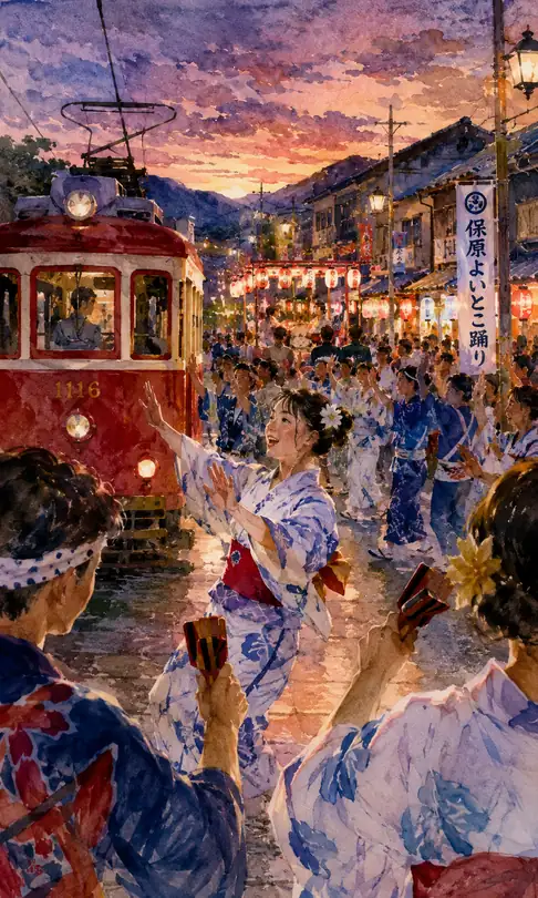 Hobara Yoitoko Dance Passing a Tram in the Sunset Street