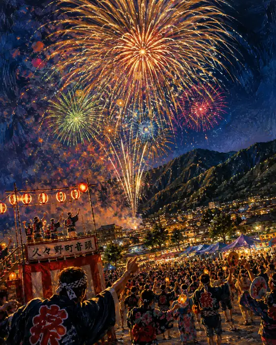 Kuguno Town Ondo Tower and Grand Fireworks Burning the Hida Mountain Slope