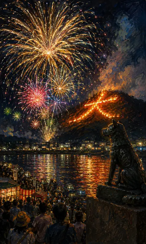 Statue of a Dog and Spectators Watching Daimonji Fire and Fireworks