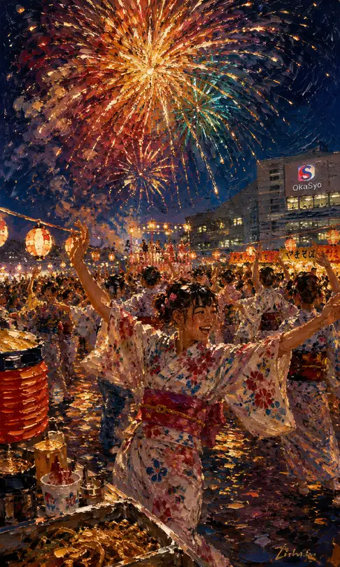 Smiling Yukata Dance Under Yakisoba Stalls and Grand Fireworks
