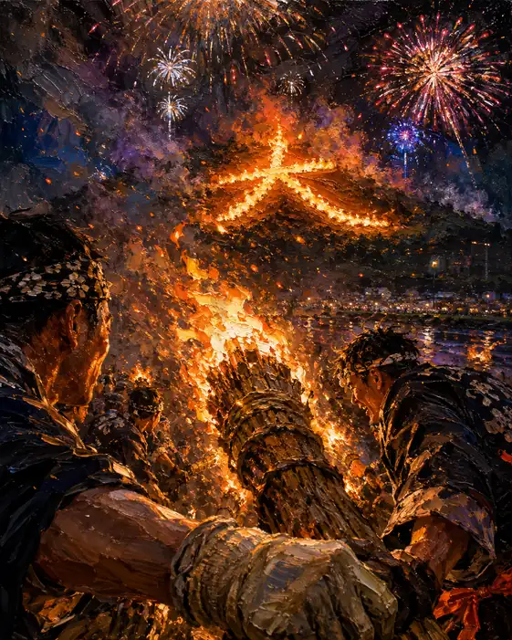 Unity of Men Holding a Torch with Daimonji and Fireworks