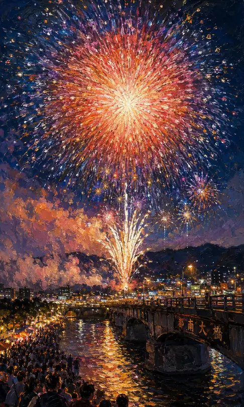 Kaleidoscope Fireworks and River Reflection by Tonan Great Bridge
